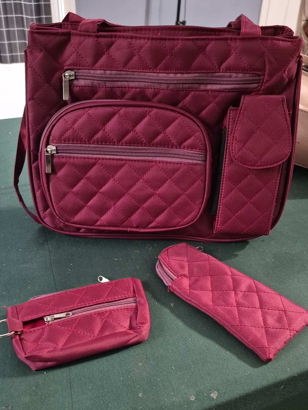 Source Unknown Quilted Burgundy Shoulder Bag with Matching Pouches